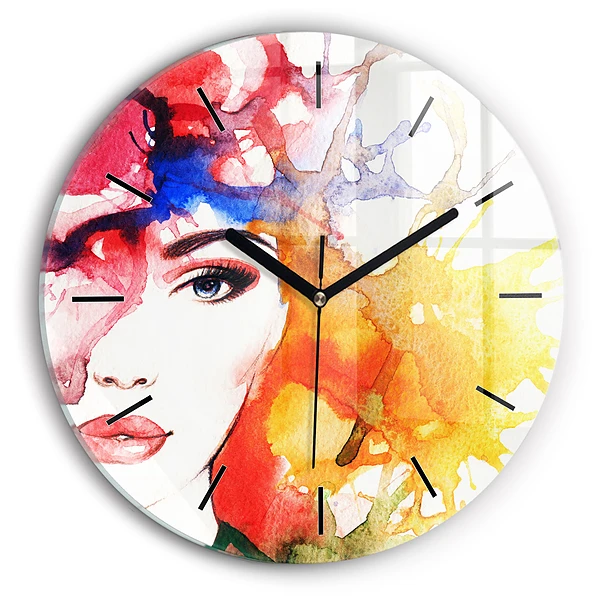 Wanduhr glas rund Buntes Porträt einer Frau