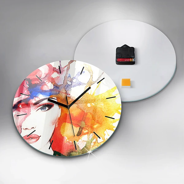 Wanduhr glas rund Buntes Porträt einer Frau
