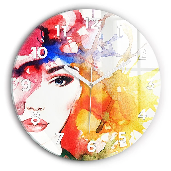 Wanduhr glas rund Buntes Porträt einer Frau