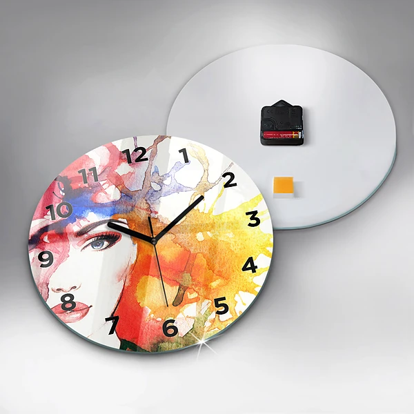 Wanduhr glas rund Buntes Porträt einer Frau