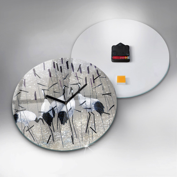 Wanduhr glas rund Kraniche im Schilf