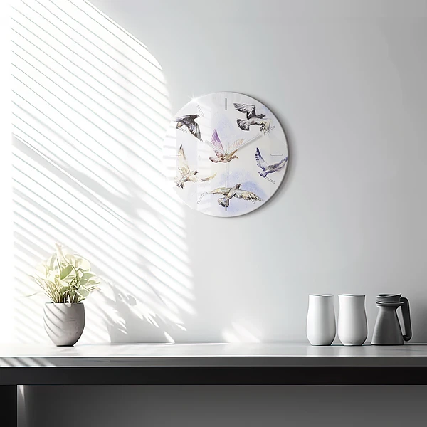 Wanduhr glas rund Fliegende Vögel
