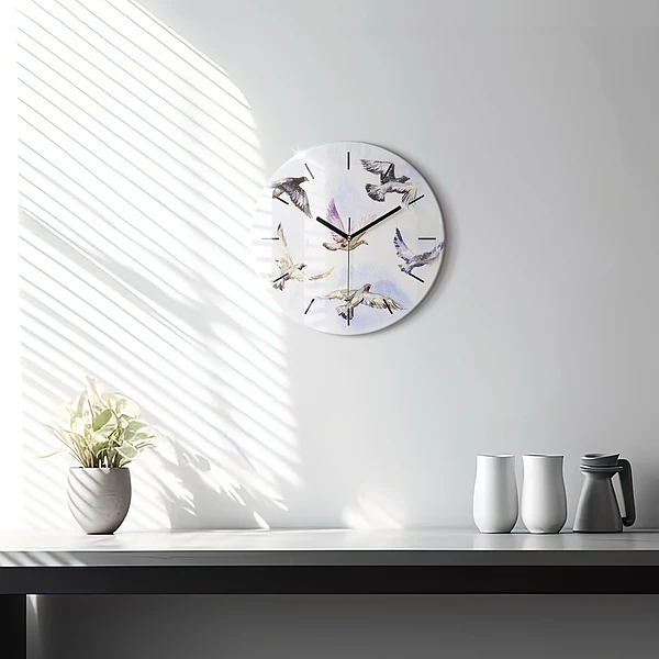 Wanduhr glas rund Fliegende Vögel