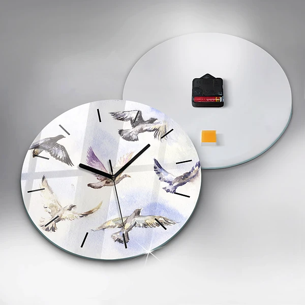 Wanduhr glas rund Fliegende Vögel