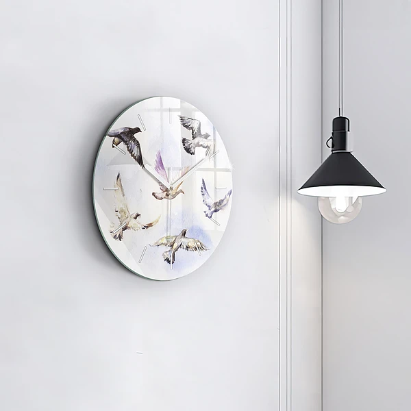 Wanduhr glas rund Fliegende Vögel