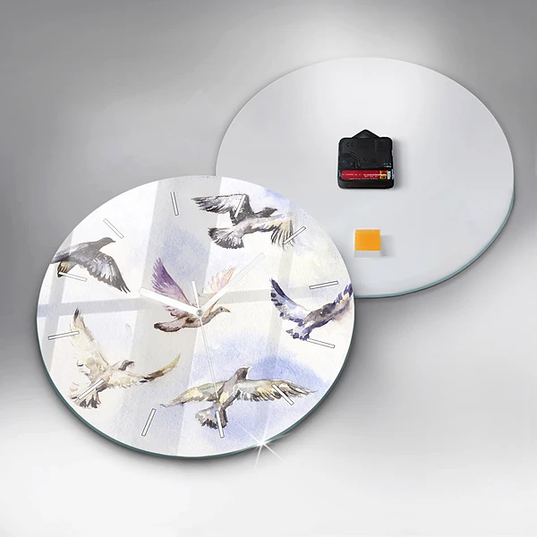 Wanduhr glas rund Fliegende Vögel
