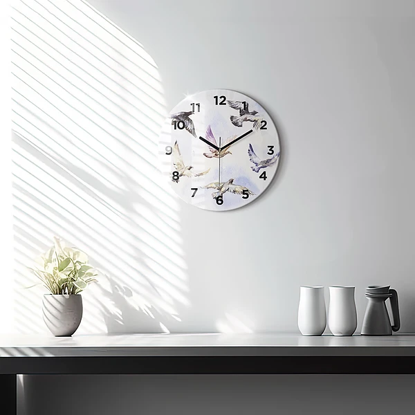 Wanduhr glas rund Fliegende Vögel