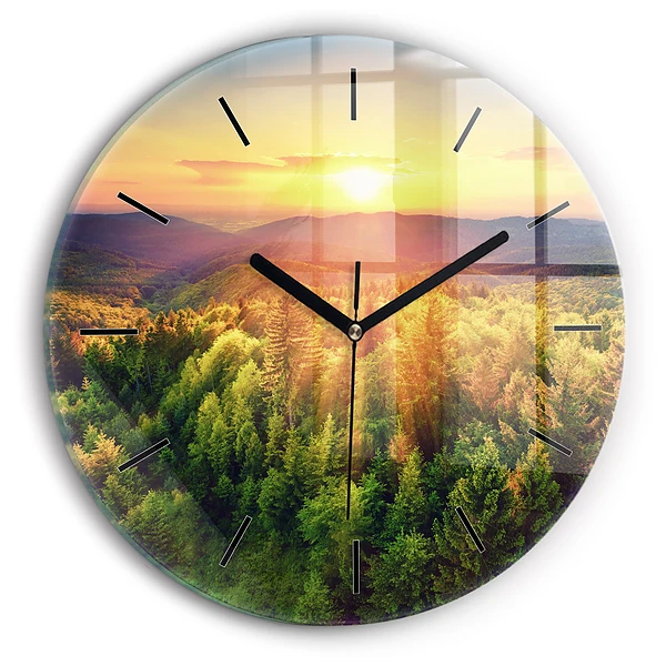 Wanduhr rund Sonnenuntergang über den Hügeln