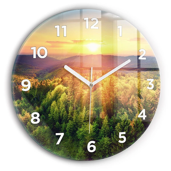 Wanduhr rund Sonnenuntergang über den Hügeln