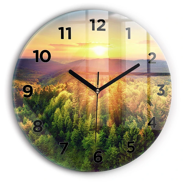 Wanduhr rund Sonnenuntergang über den Hügeln