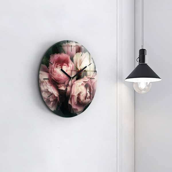 Wanduhr glas rund Blumenstrauß aus rosa Rosen