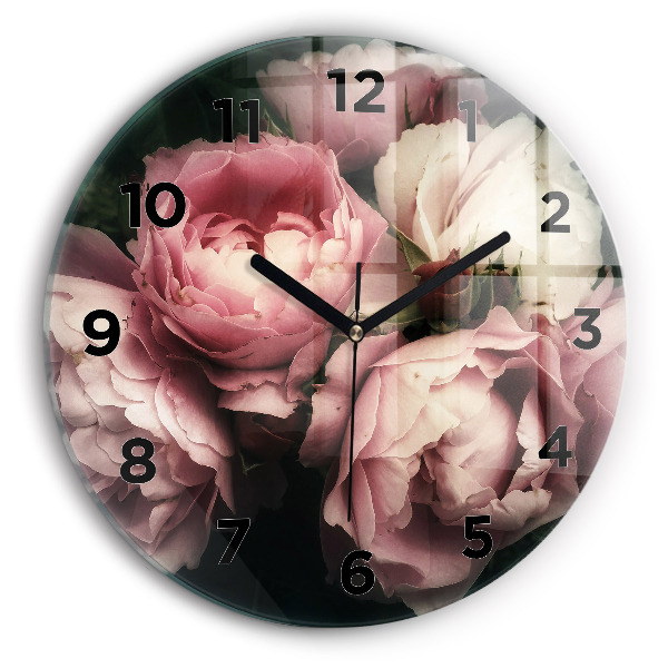 Wanduhr glas rund Blumenstrauß aus rosa Rosen