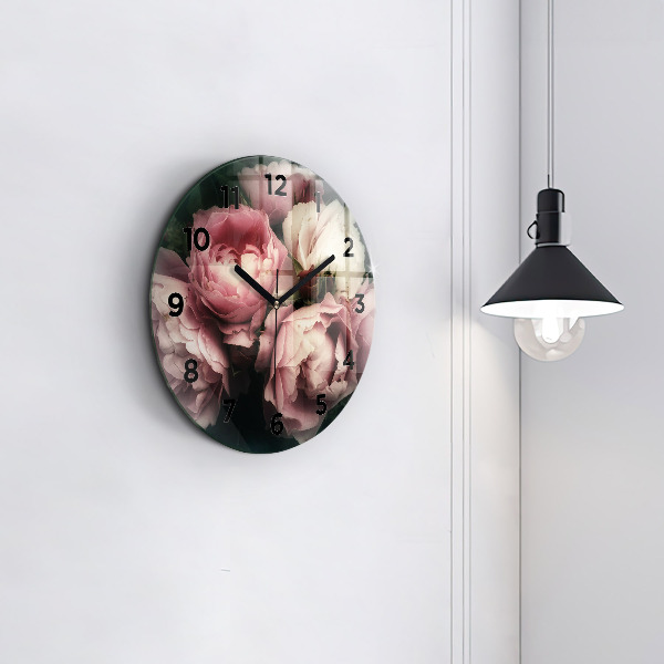 Wanduhr glas rund Blumenstrauß aus rosa Rosen