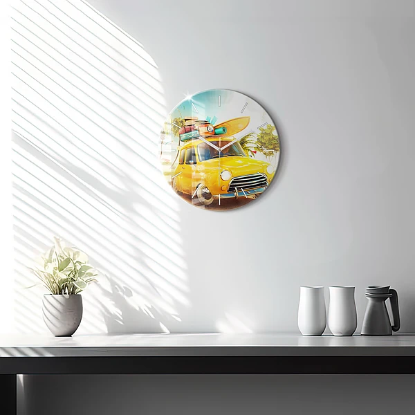 Wanduhr glas rund Auto mit Surfbrett