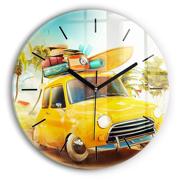 Wanduhr glas rund Auto mit Surfbrett