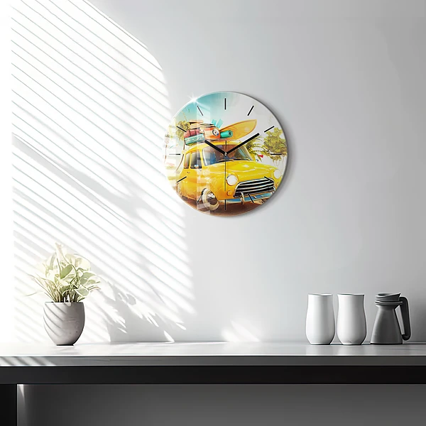 Wanduhr glas rund Auto mit Surfbrett