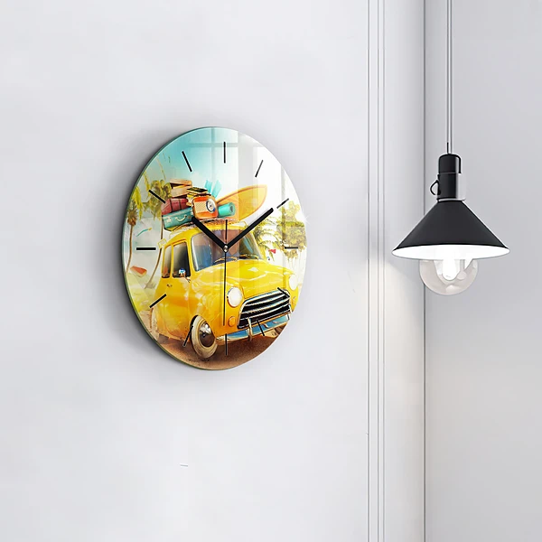 Wanduhr glas rund Auto mit Surfbrett
