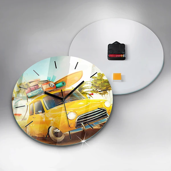 Wanduhr glas rund Auto mit Surfbrett