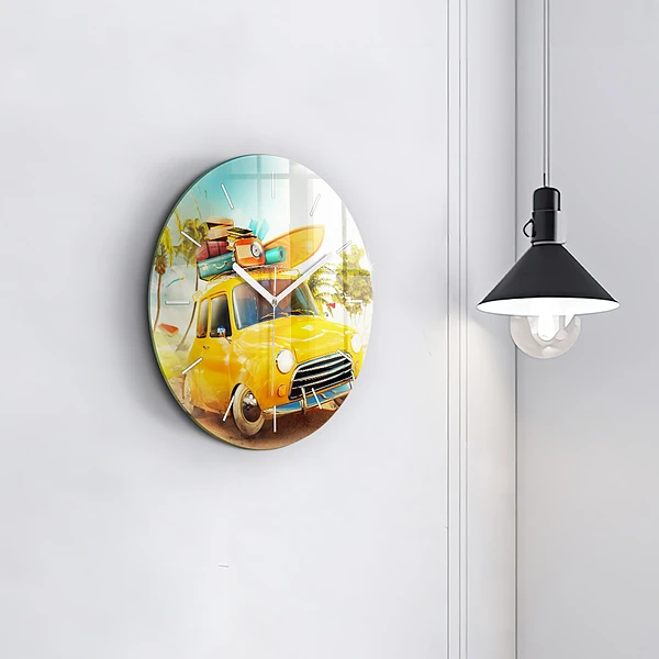 Wanduhr glas rund Auto mit Surfbrett