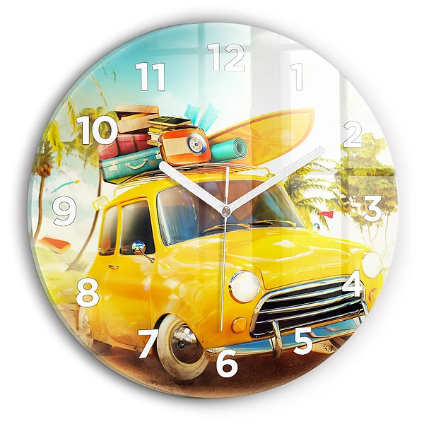Wanduhr glas rund Auto mit Surfbrett