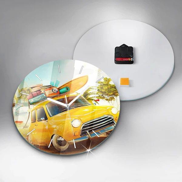 Wanduhr glas rund Auto mit Surfbrett
