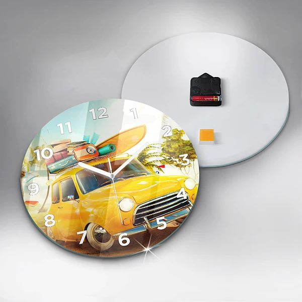 Wanduhr glas rund Auto mit Surfbrett