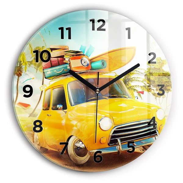 Wanduhr glas rund Auto mit Surfbrett