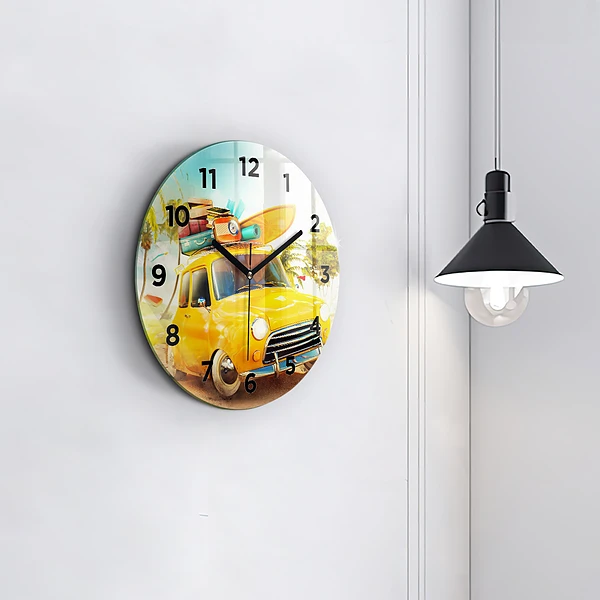 Wanduhr glas rund Auto mit Surfbrett