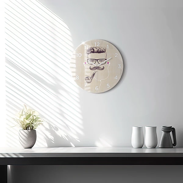Wanduhr glas rund Mann mit Pfeife