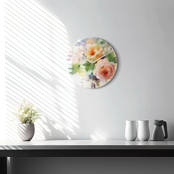 Wanduhr rund mit motiv Rosen in einer Vase Aquarell