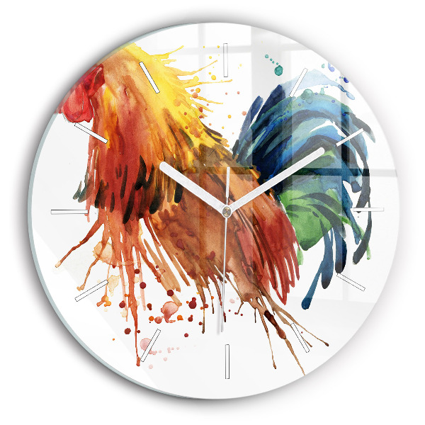 Wanduhr glas rund Bunter Hahn