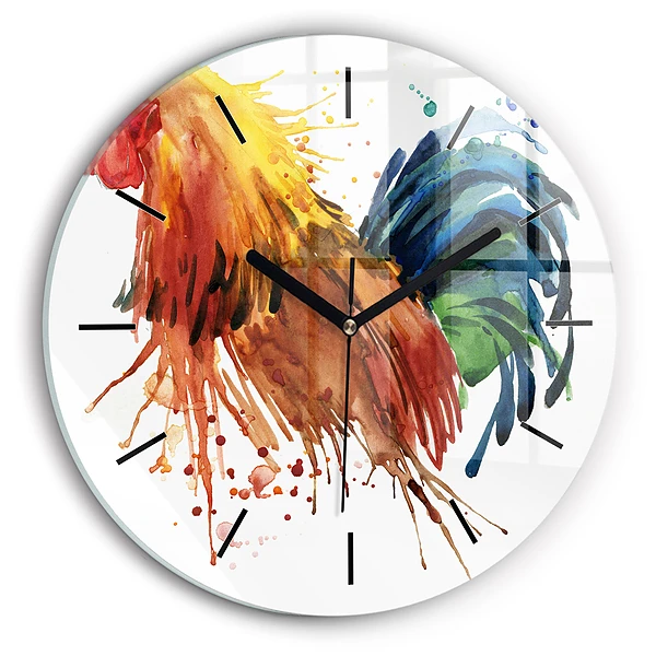 Wanduhr glas rund Bunter Hahn