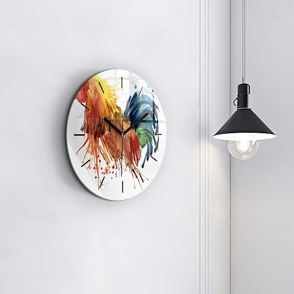 Wanduhr glas rund Bunter Hahn
