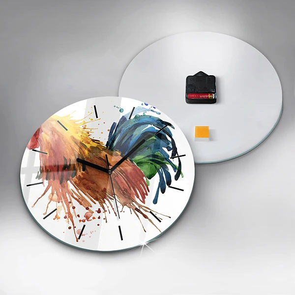 Wanduhr glas rund Bunter Hahn