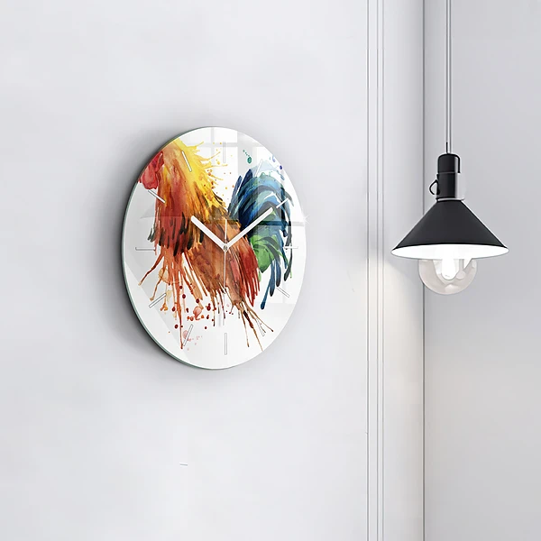 Wanduhr glas rund Bunter Hahn