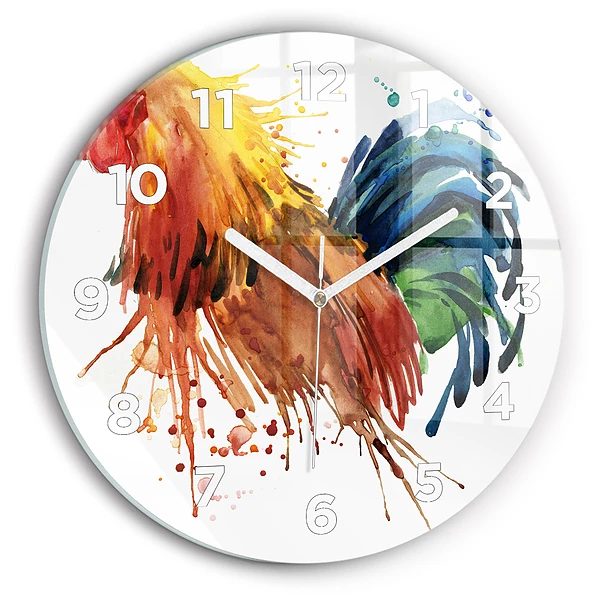 Wanduhr glas rund Bunter Hahn