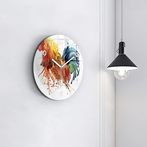 Wanduhr glas rund Bunter Hahn