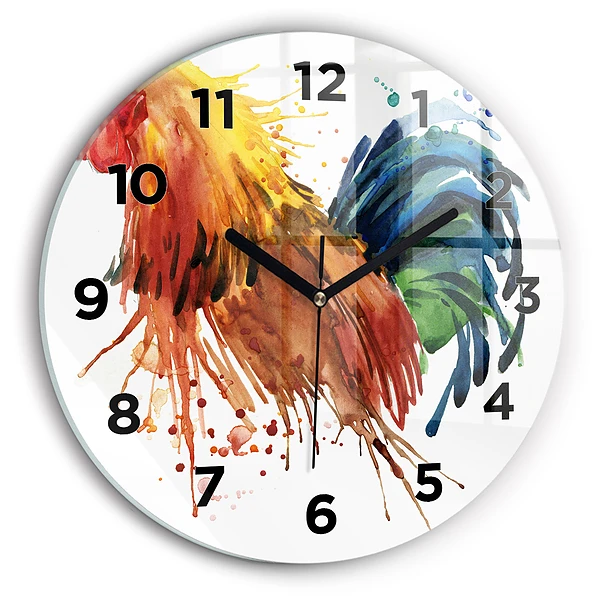 Wanduhr glas rund Bunter Hahn