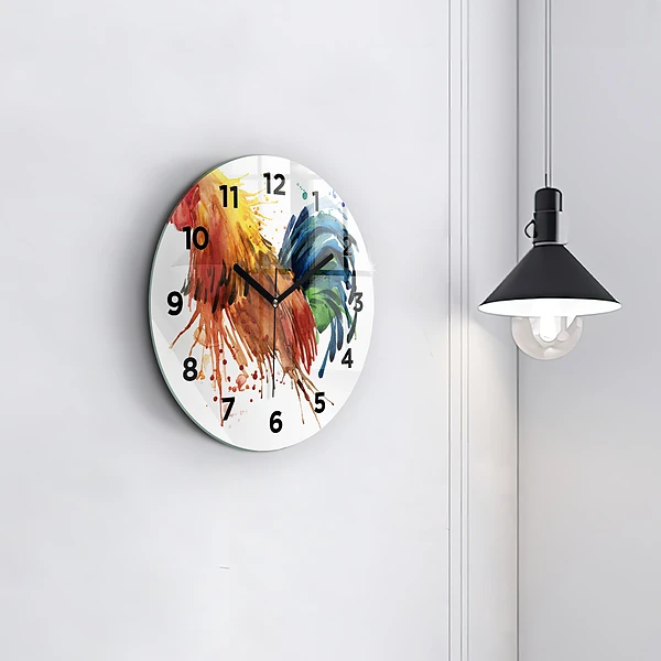Wanduhr glas rund Bunter Hahn