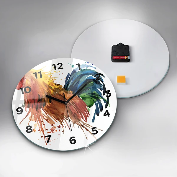Wanduhr glas rund Bunter Hahn