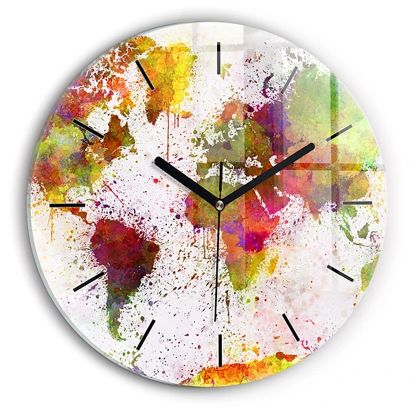Wanduhr glas rund Aquarellierte Weltkarte