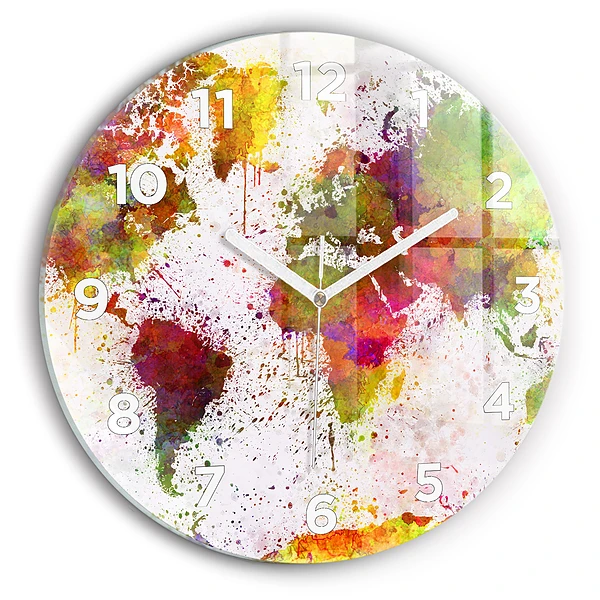 Wanduhr glas rund Aquarellierte Weltkarte