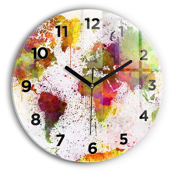 Wanduhr glas rund Aquarellierte Weltkarte