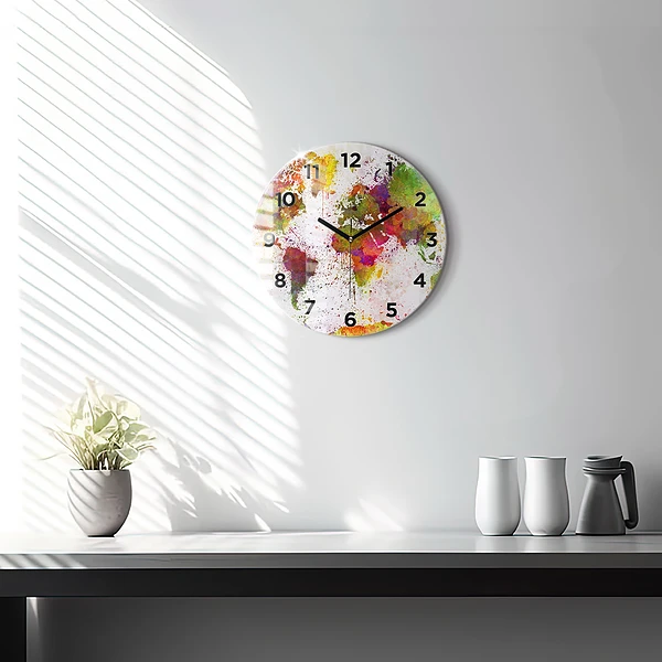 Wanduhr glas rund Aquarellierte Weltkarte