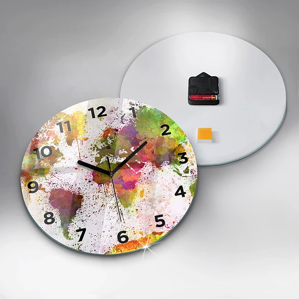 Wanduhr glas rund Aquarellierte Weltkarte