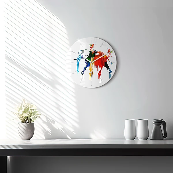 Wanduhr glas rund Farbig bemalter Elefant