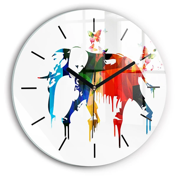 Wanduhr glas rund Farbig bemalter Elefant