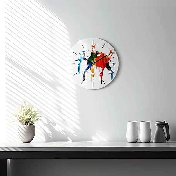 Wanduhr glas rund Farbig bemalter Elefant