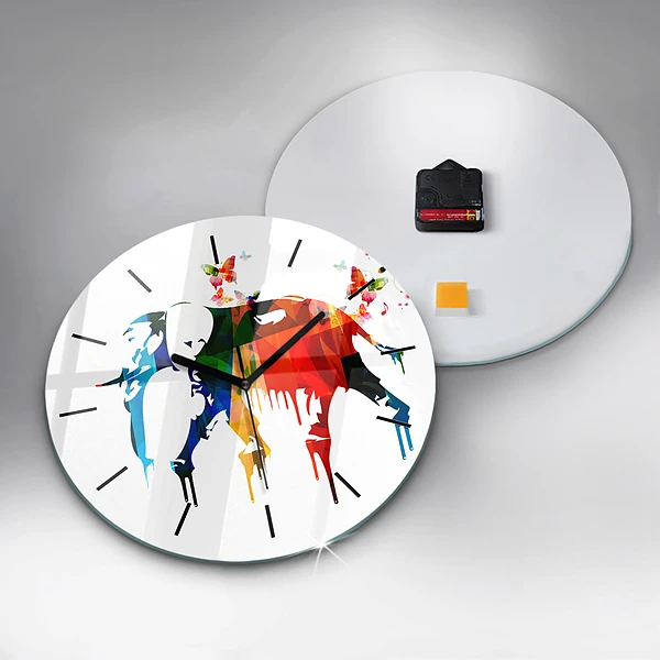 Wanduhr glas rund Farbig bemalter Elefant
