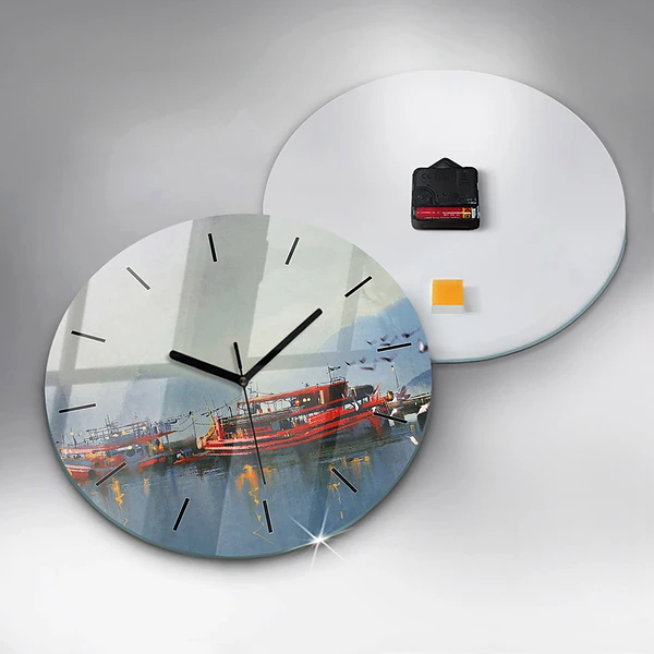 Wanduhr rund mit motiv Fischerboot im Hafen
